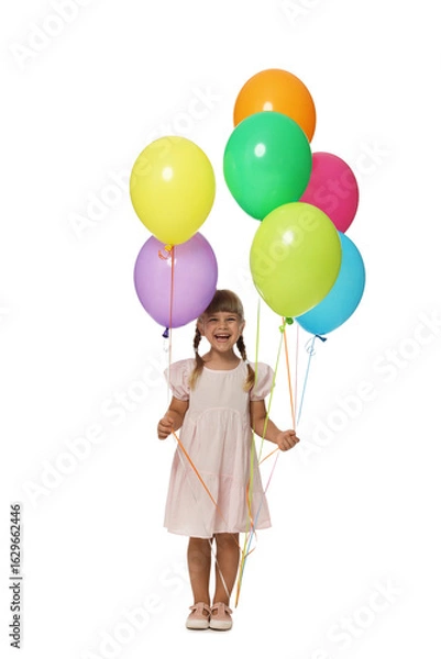 Fototapeta Happy little girl in dress with many colorful balloons on white background