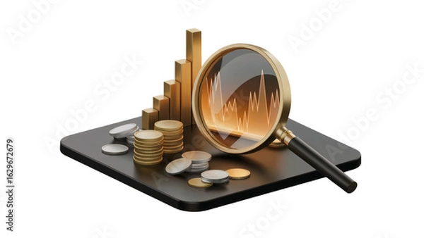 Fototapeta Analyze financial growth charts and coins with a magnifying glass for investment strategy