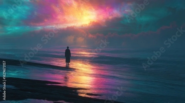 Obraz A solitary figure on a colorful beach at dawn