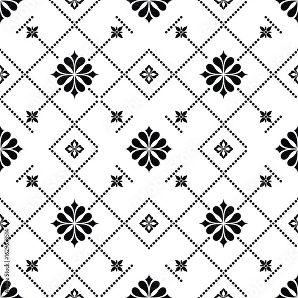 Obraz Seamless Abstract Geometric Floral Pattern  Black and White Ornamental Damask Background for Textile  Wallpaper