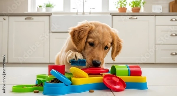 Fototapeta Golden retriever puppy playing with a colorful puzzle toy in a bright kitchen environment indoors