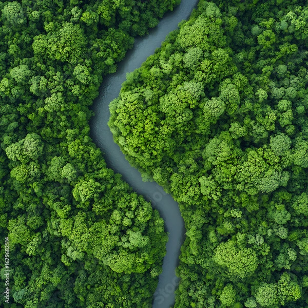 Fototapeta Aerial View of Winding River Meandering Through Dense Green Forest, Scenic Natural Landscape