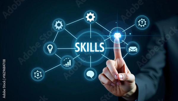 Fototapeta Human finger touching a glowing digital network of skills and icons on a dark background