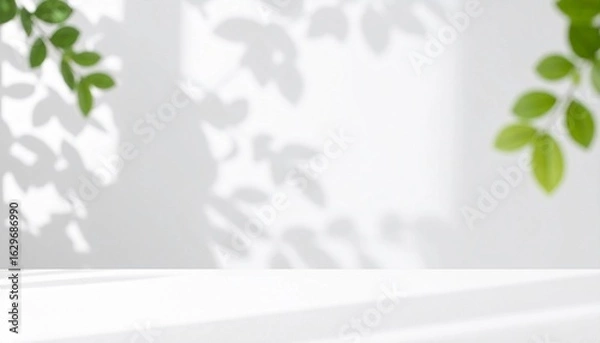 Obraz 自然光が差し込むミニマルな背景　柔らかな葉の影と白いテーブル　ボケた背景