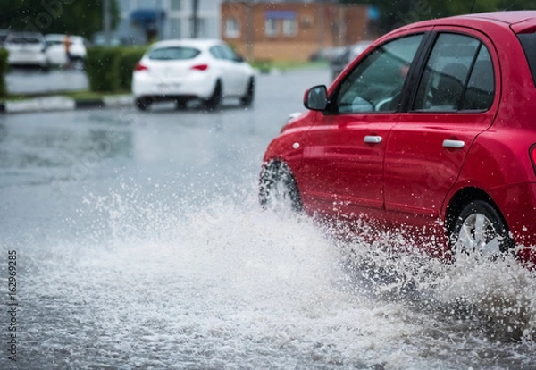 Obraz car rain puddle splashing water