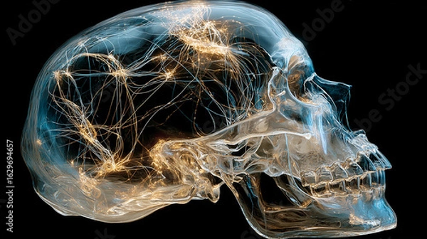 Fototapeta Bioluminescent neural networks pulsing inside a translucent human skull in darkness.