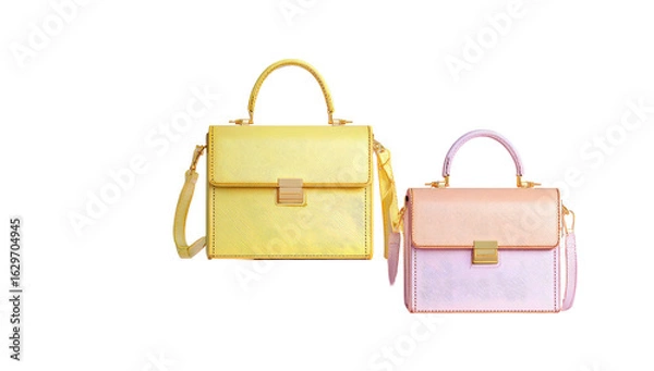Fototapeta Two pastel-colored handbags, one yellow, one pink-tan, feature a structured design with top handles and a shoulder strap.  The material appears glossy and smooth