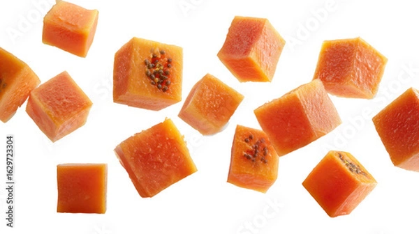Fototapeta Cubes of Fresh Papaya Fruit in a Small White Bowl on Transparent Background
