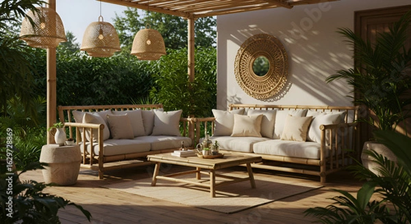 Fototapeta Relaxing outdoor bamboo furniture set under a pergola. Beige cushions on a set of stylish bamboo sofas and coffee table, located in a tropical garden setting.