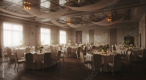 Fototapeta A beautifully lit banquet hall, complete with tables set for a large wedding or corporate dinner, showcases a calm and refined atmosphere for event planning ads.