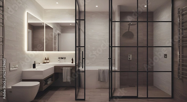 Fototapeta Modern bathroom with neutral tones featuring a glass shower enclosure with metal framing. Clean, minimalist design with a vanity, bathtub and toilet.