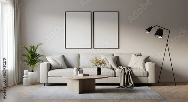 Fototapeta A modern, minimalist living room setting with a light gray sofa, round coffee table, and two framed pieces of empty art is perfect for advertising interior design services.