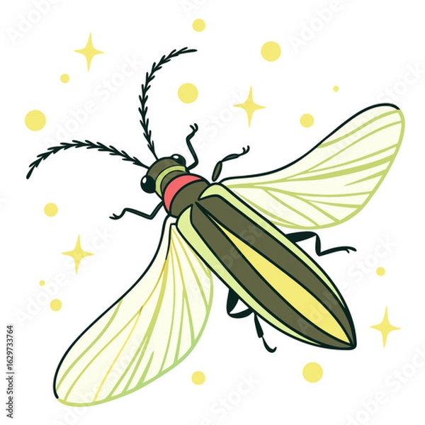 Fototapeta Illustration of a firefly insect with glowing wings and antennae isolated on white background
