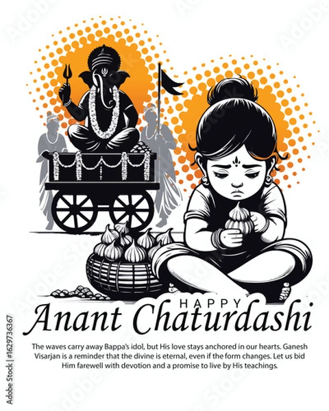 Fototapeta AdobeGanesh Visarjan and Anant Chaturdashi Festival Vector – Ganesha Immersion Celebration with Devotees, Dhol, and Cultural Procession Illustrator Artwork