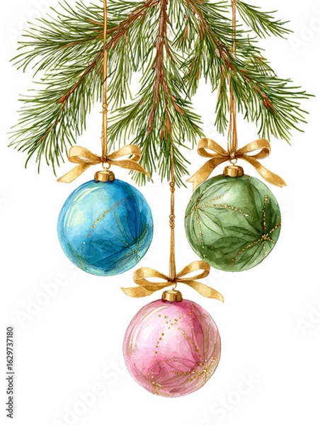 Obraz Watercolor Christmas Tree Branch with Hanging Pink, Green, and Blue Ornaments on Transparent Background  
