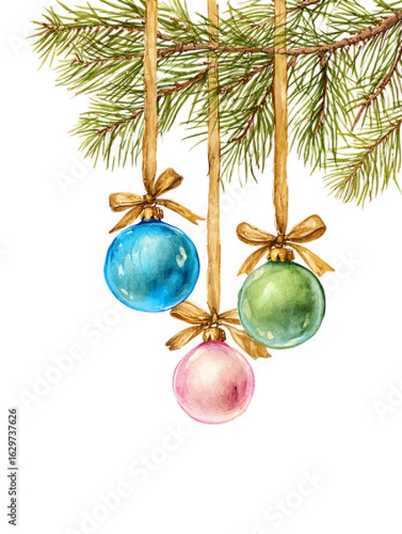 Obraz Watercolor Christmas Tree Branch with Hanging Pink, Green, and Blue Ornaments on Transparent Background  
