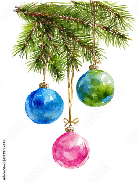 Obraz Watercolor Christmas Tree Branch with Hanging Pink, Green, and Blue Ornaments on Transparent Background  
