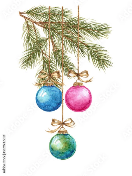 Obraz Watercolor Christmas Tree Branch with Hanging Pink, Green, and Blue Ornaments on Transparent Background  
