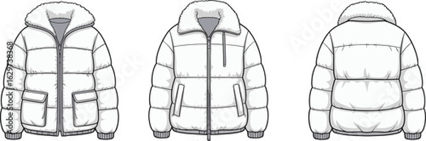 Fototapeta : Technical sketch of puffer jacket with front, side, and back view, winter outerwear flat design, vector fashion coat template, fur collar