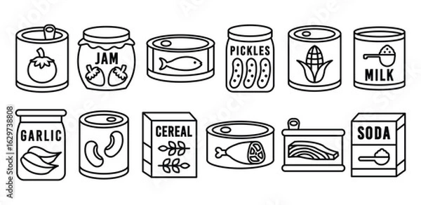 Fototapeta Canned Food Line Icon Featuring Preserved Goods and Pantry Items, Tomato, Fish, Pickles, Milk, Cereal, Meat, Soda, Chicken, Cooking, Market Symbol Vector Design Illustration Sets