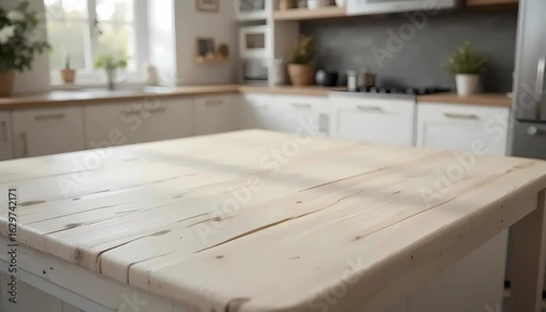 Fototapeta Empty White Wooden table top with blurred background of minimalist kitchen bench. Side view