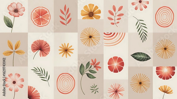 Fototapeta Floral patterns in red, orange, and yellow. Botanical design.
