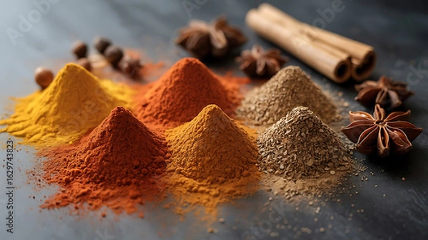 Fototapeta Colorful spice powders, various shades, on a dark background.
