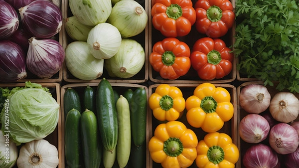 Fototapeta Fresh produce in wooden crates, vibrant colors and textures.
