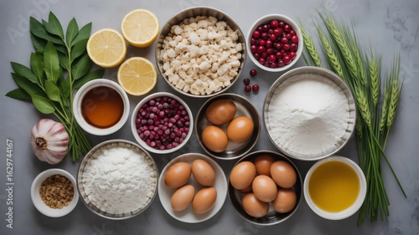 Fototapeta Baking ingredients arranged in bowls on a gray surface.
