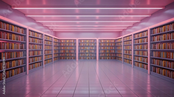 Fototapeta Empty library bathed in pink neon light. Rows of bookshelves.
