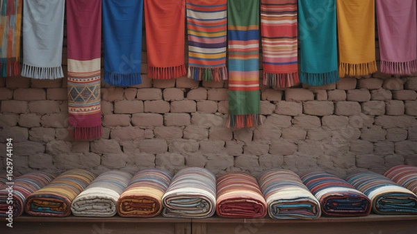 Fototapeta Colorful textiles hang and are rolled, a vibrant display.
