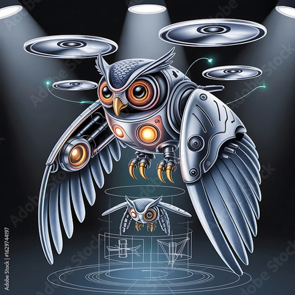 Fototapeta Mechanical owl, futuristic design, hovering, technological art.
