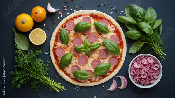 Fototapeta Pizza topped with sausage, basil, and cheese, surrounded by ingredients.
