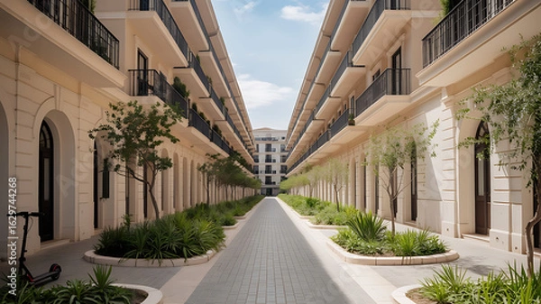 Fototapeta A symmetrical courtyard lined with light beige buildings.
