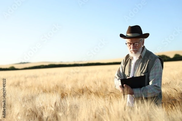 Fototapeta Senior farmer with clipboard in field of ripe wheat outdoors, space for text