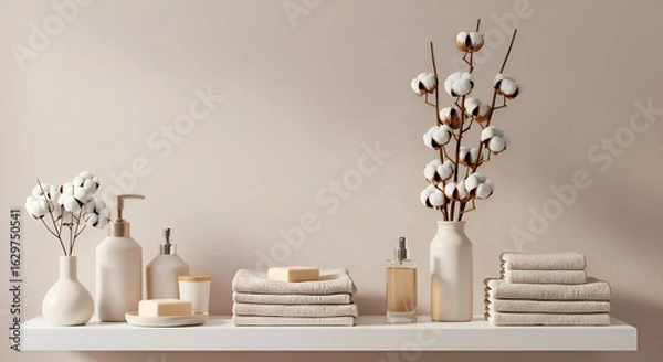 Fototapeta Neutral bathroom shelf display with cotton branches and toiletries. Stacked towels, soap, and dispensers arranged aesthetically on a white shelf against a beige wall.