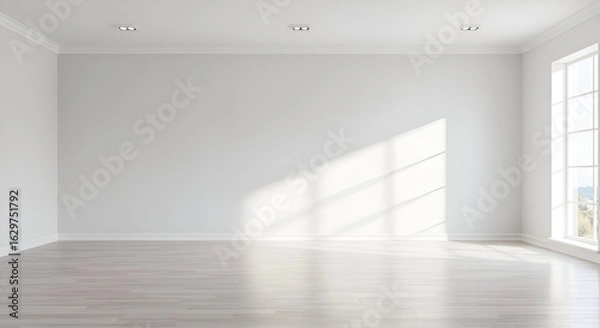 Fototapeta Empty room with natural light casting shadows on a light gray wall and light wood floor. Empty space in a modern home interior.