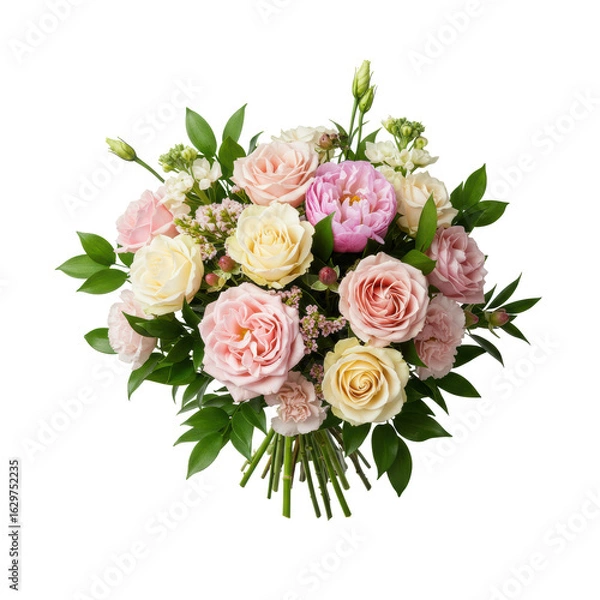 Fototapeta Pristine floral bouquet of delicate pastel flowers and vibrant greens, on a transparent background with negative space, top-down flat lay, soft studio light. Concept of elegant luxury and celebration.