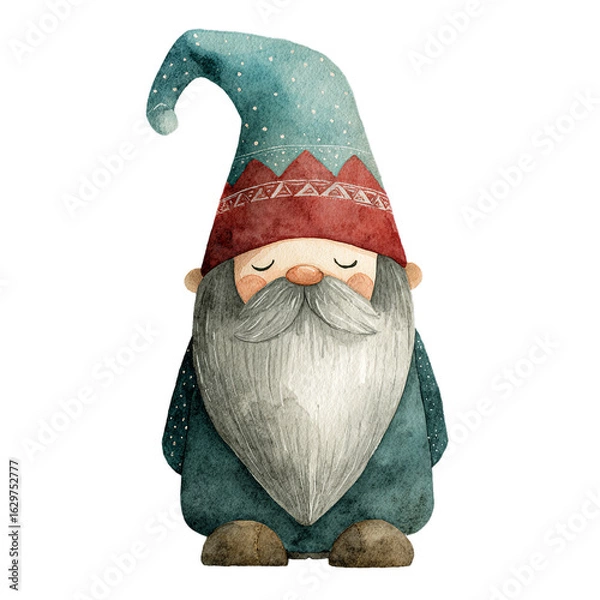 Fototapeta Watercolor Scandinavian Christmas Gnome with Red Hat and Teal Coat on Transparent Background  
