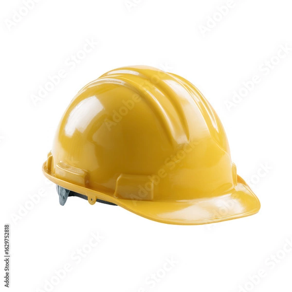 Fototapeta A bright yellow hard hat resting on a white isolated background, symbolizing safety in construction and industrial environments. Perfect for occupational health and safety themes.