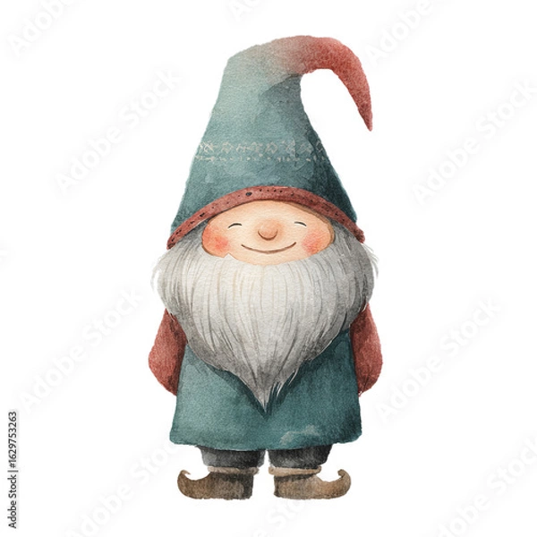 Fototapeta Watercolor Scandinavian Christmas Gnome with Red Hat and Teal Coat on Transparent Background  
