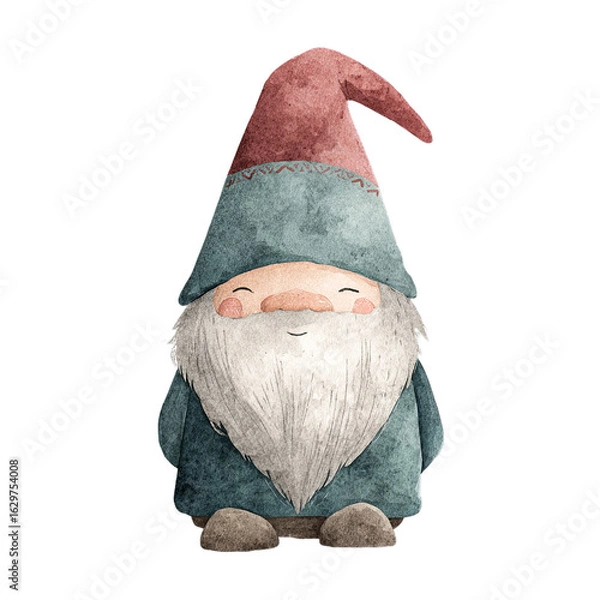 Obraz Watercolor Scandinavian Christmas Gnome with Red Hat and Teal Coat on Transparent Background  
