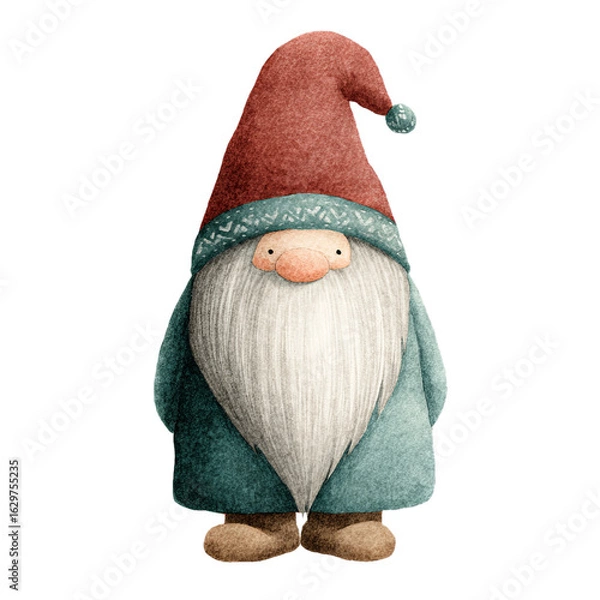 Fototapeta Watercolor Scandinavian Christmas Gnome with Red Hat and Teal Coat on Transparent Background  
