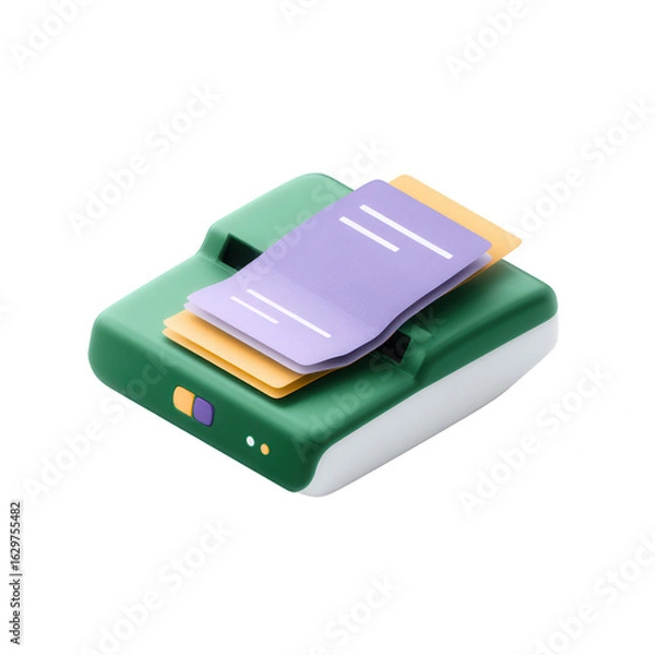 Fototapeta A colorful plastic photo printer with printed photos ejected, isolated on a white background, showcasing vibrant design and functionality for on-the-go picture printing.