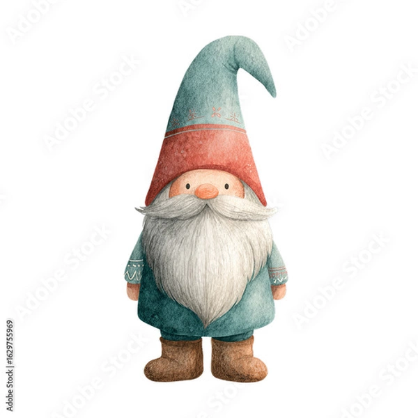 Fototapeta Watercolor Scandinavian Christmas Gnome with Red Hat and Teal Coat on Transparent Background  
