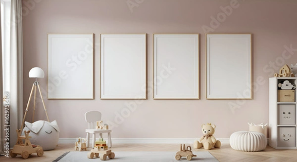 Fototapeta Empty framed art displays in a neutral-toned children's playroom. Four empty frames on a light peach wall with wooden toys and a neutral-colored pouf in the foreground.