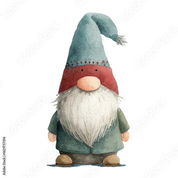 Fototapeta Watercolor Scandinavian Christmas Gnome with Red Hat and Teal Coat on Transparent Background  
