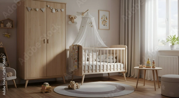 Fototapeta Light-wood nursery with baby crib and accessories. A neutral-toned room features a crib with a canopy, adorned with soft toys. Parent, interior designer, nursery. modern home.