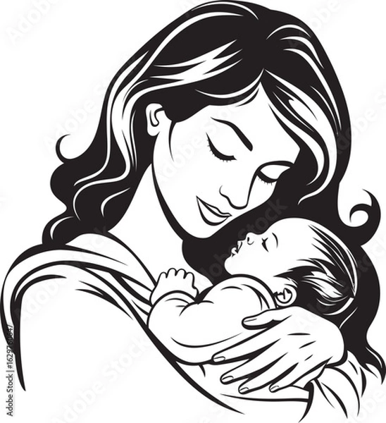 Obraz Mother Cradling Her Child in Vector Tender Mother Hugging Baby Black Art
