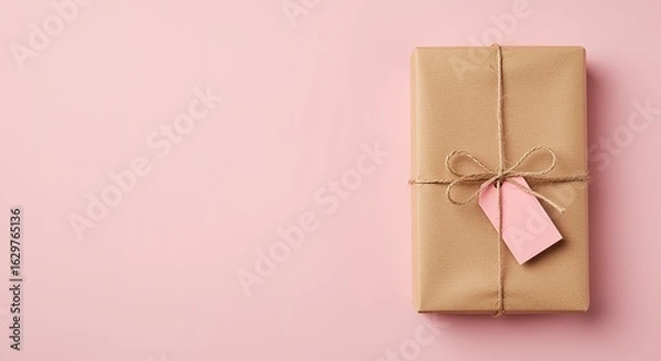 Fototapeta Simple and elegant wrapped gift box with brown paper and pink tag isolated on light pink background studio shot perfect for various occasions
